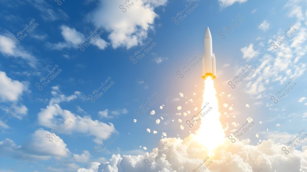An image of a rocket launching into the sky, emitting bright flames and thick smoke. The sky is clear and blue with some white clouds.