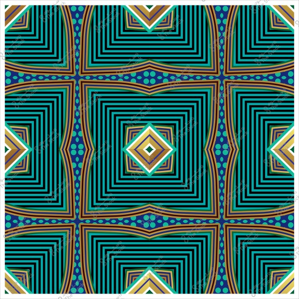 A colorful geometric pattern with intersecting squares and parallel lines in shades of blue, green, and brown.