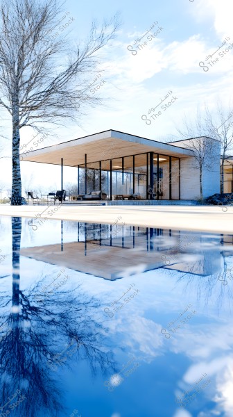 Image of a modern house with an open glass design, situated next to an outdoor pool. The house features large glass facades allowing a view of the interior furniture. There are leafless trees nearby, with their reflections clearly visible on the pool\'s surface. The sky is blue with some light clouds.
