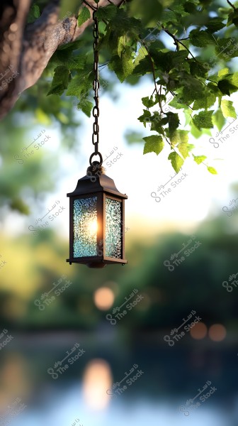 A metal lantern hanging by a chain from a tree, illuminating its patterned glass panel. Green leaves from the tree are prominent at the top of the image, and the background is softly blurred, suggesting a misty natural landscape.