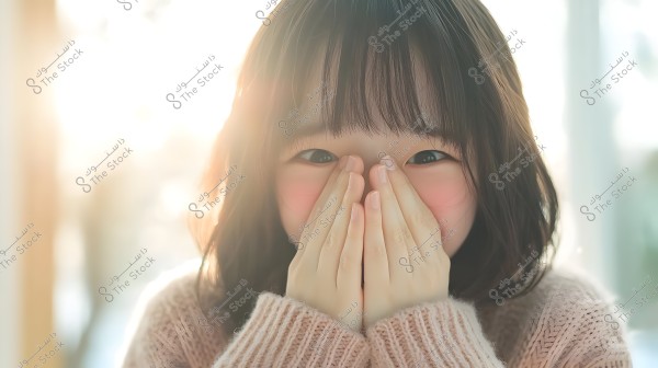 A portrait of a young girl smiling shyly while covering her mouth with her hands. She is wearing a light-colored wool sweater. The background is lit with sunlight, giving a warm touch to the image.