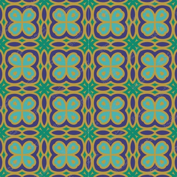 نمط زخرفي هندسي بألوان أزرق وأخضر وأرجواني وأصفر يشكل أشكالًا متكررة تشبه الأزهار أو الفراشات.