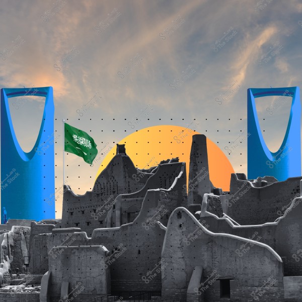 An image showcasing elements from Saudi Arabia, featuring historical ruins in the foreground with a modern tower in the background. The green Saudi flag is proudly waving, with an orange sunset behind it adding beauty to the scene. The sky in the background is bluish with some wispy clouds.