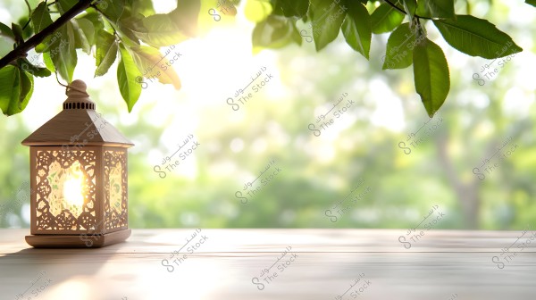 A lit lantern with intricate designs sits on a wooden table, with green leaves hanging from above. The light from the lantern creates a beautiful glow, and the background is blurred with a soft lighting effect, creating a tranquil and calming atmosphere.
