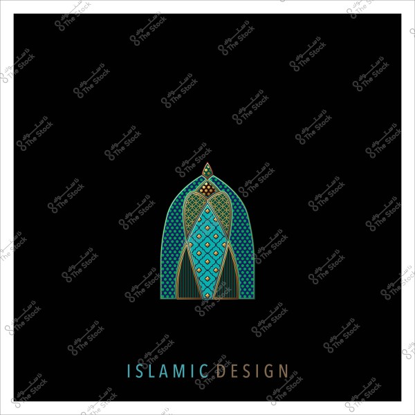 Islamic geometric design with blue and gold colors on a black background.