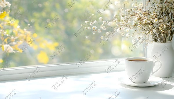 A white coffee cup on a saucer placed on a white table next to a window. Beside the cup is a white vase containing small white flowers. The background through the window is a blurred green with spots of yellow light, suggesting a sunny and peaceful atmosphere.