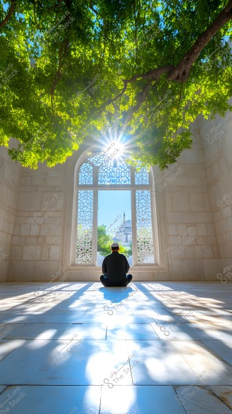 A person wearing black clothing and a white cap sits facing a large ornamental window in a bright interior. Sunlight streams through the dense green leaves of trees outside, casting attractive shadows on the floor. Outside, a mosque with a dome and minaret is visible under a clear blue sky.