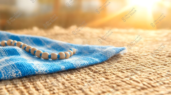 The image features a small wooden prayer bead chain arranged on a blue cloth with white stripes, placed on a textured surface that appears to be made of straw or burlap. Soft sunlight fills the background, creating a warm and soothing atmosphere.