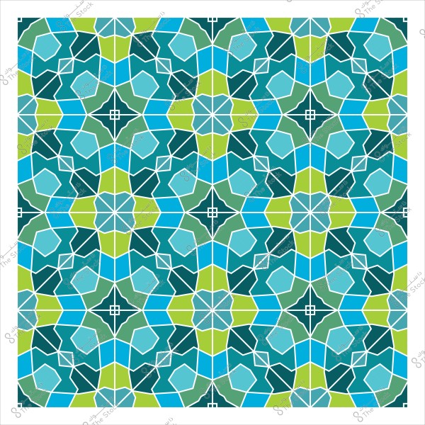 تصميم هندسي إسلامي بزخارف متداخلة بألوان زرقاء وخضراء.