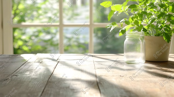 An image showing a wooden table illuminated by sunlight. On the right, there is a pot containing leafy green plants, next to an empty glass jar. In the background, there is a window providing natural light to the scene.