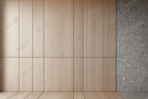 An image of a wall made of light-colored wooden panels featuring natural patterns showing the wood\'s grain. On the right side, there is a section of a concrete wall with small speckled details. The floor aligns with the wooden wall design, creating an impression of warmth and modernity.