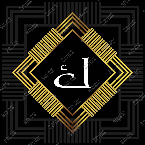 تصميم هندسي يحتوي على شكل معين ذهبي مع حرف "غ" في المنتصف على خلفية سوداء.