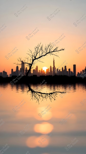 Image of a bare-branched tree in the foreground against the skyline of a city with skyscrapers at sunset. The tree is reflected in calm water, adding an aesthetic touch to the scene. The sky is colored in shades of orange and gold.