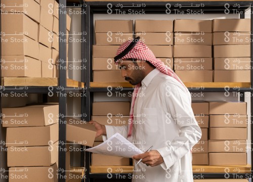 شاب سعودي يرتدي الزي السعودي التقليدي يقف في المستودع يمسك بالقلم و الأوراق بينما يتفحص الصناديق الموجودة على الرف