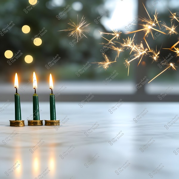 Three lit green candles stand on a marble surface with a blurred, illuminated background. Behind the candles, small firework-like lights sparkle in the air, adding a festive touch to the image.