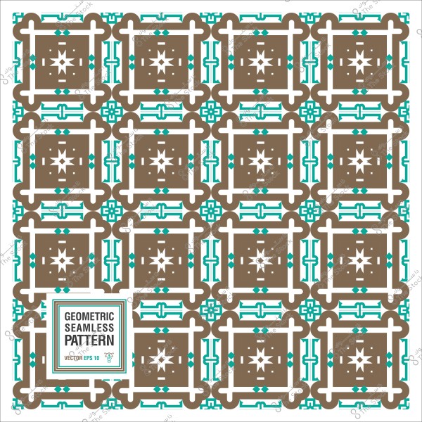 Repeating geometric pattern in brown, blue, and white with intricate design.