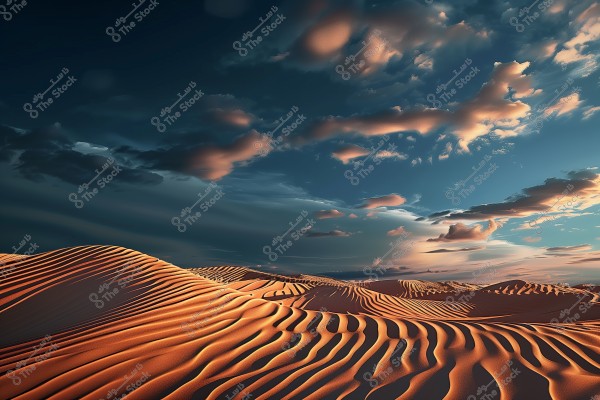A breathtaking desert scene featuring rolling sand dunes stretching across the landscape under a blue sky with scattered clouds. The golden hues of the sand dunes contrast beautifully with the serene colors of the sky, creating an atmosphere of tranquility and natural beauty.