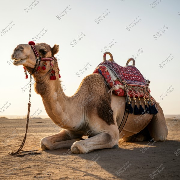 A camel sitting on the desert sand with the sun rising in the background. The camel is adorned with a decorative saddle and red ornaments, with tassels hanging from it and a rope held in its mouth. The sky in the background is clear, and the desert horizon is visible.