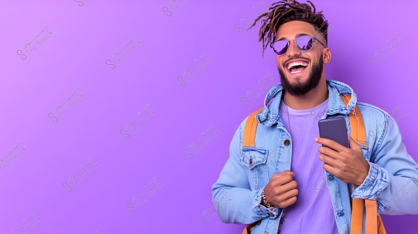 Portrait of a smiling man with a beard wearing reflective sunglasses. He is dressed in a blue denim jacket and a purple shirt, holding a mobile phone in his hand. He has an orange backpack. The background is purple.