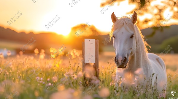 An image of a white horse standing next to a wooden post in a meadow filled with wildflowers, illuminated by the golden glow of the setting sun. The horizon shows gentle hills under an extraordinarily bright sky.