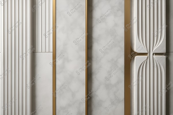An image of a modern, decorative wall design featuring vertical white panels with golden frames. In the center, there is a light marble-like area, and the golden frame elegantly separates the panels.