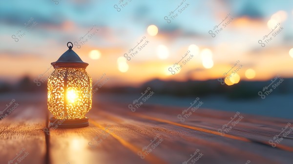 A lit metal lantern with intricate patterns sits on a wooden surface against a stunning sunset background. The sky is a beautiful mix of orange and blue hues with blurred light spots, creating a serene and calming atmosphere.