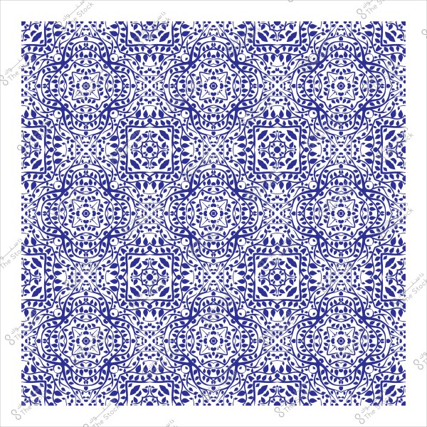 نمط هندسي أزرق معقد بتفاصيل زخرفية متكررة على خلفية بيضاء.