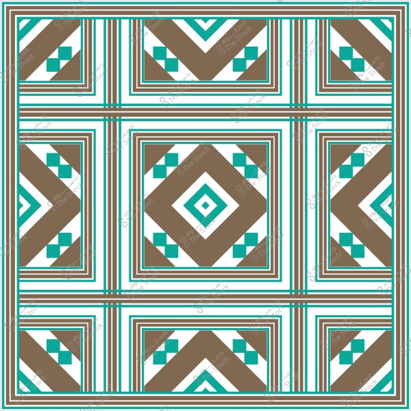 تصميم هندسي بترتيب متقاطع لخطوط وأشكال متكررة باللونين الأخضر الفاتح والبني على خلفية بيضاء.