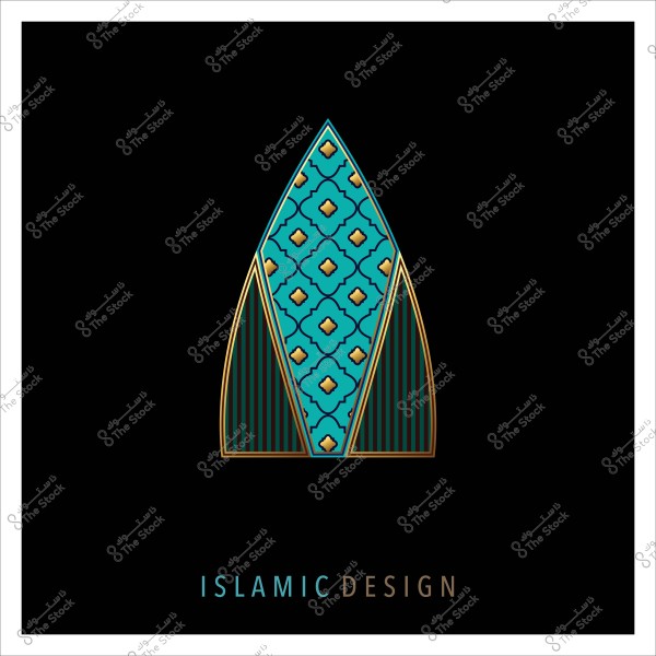 تصميم هندسي إسلامي باللون الأزرق والذهبي على خلفية سوداء.