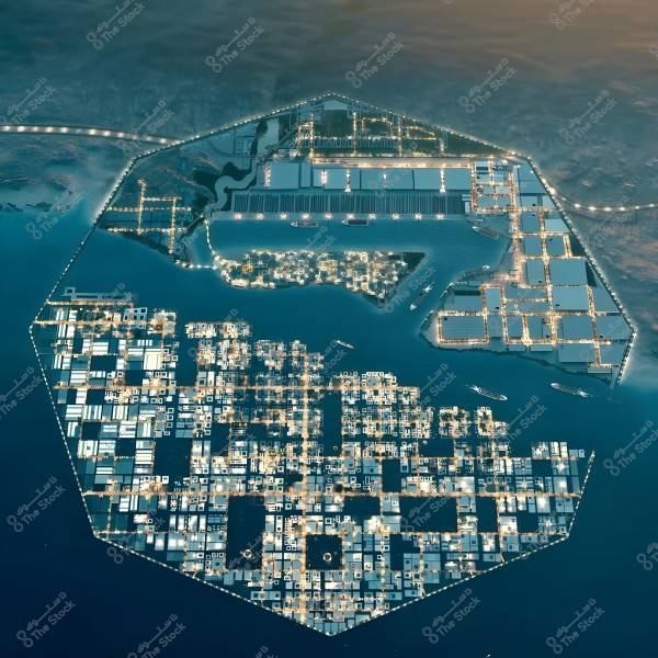 Aerial view of a modern and contemporary urban complex shaped like a hexagon, surrounded by water. The elegant design of the buildings is arranged in a geometric and organized manner, illuminated by nighttime lights. Boats are visible in the surrounding waters, and a network of roads and bridges connects the different parts of the city.