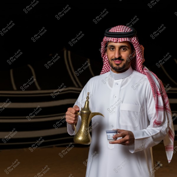 A young man wearing traditional Saudi attire, which includes a white thobe and a red and white checkered ghutra with a black agal. He is standing while holding a brass coffee pot in his right hand and a small glass cup in his left. He appears to be inside an Arab tent with dark colors in the background.