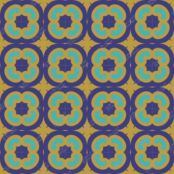 نمط متكرر بألوان زرقاء وصفراء وسماوية على خلفية مربعات.