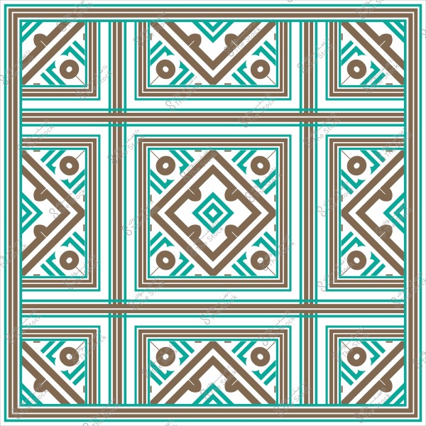 نمط هندسي متكرر بألوان زرقاء وبنية على خلفية بيضاء, يتميز بتصاميم مربعة ودائرية.