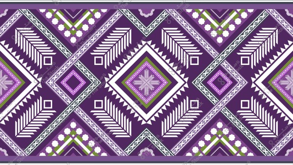 A geometric design in a traditional pattern with a purple background, featuring repeated diamond shapes and botanical motifs in white and green, with details in light purple and violet. The patterns are bordered with wavy lines and various squares.