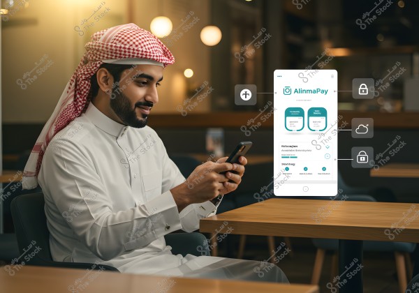 صورة لرجل يجلس في مقهى, يرتدي ثوبًا أبيض وغترة حمراء وبيضاء, يمسك بهاتف ذكي. يظهر عليه تطبيق مالي يسمى "الإنماء", مع عدة أيقونات تشير لميزات مثل الأمان والسحابة. الإضاءة دافئة في المكان.