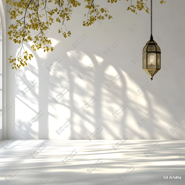 Image showing a traditional hanging lantern in the top right corner, casting its shadows on a white wall. Yellow leaves hang from above, adding a natural touch and color to the scene. Large windows on the left cast soft shadows on the floor and wall, creating a calm and balanced effect.