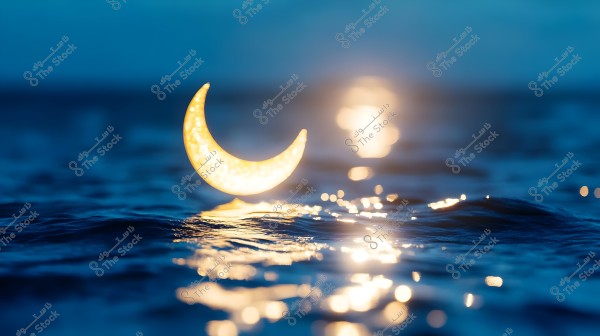 An image depicting a serene nighttime sea scene with a glowing crescent moon floating above the water. The gentle golden light reflects on the rippling water surface, creating an enchanting effect. The dark blue sky adds to the calm and beautiful ambiance.