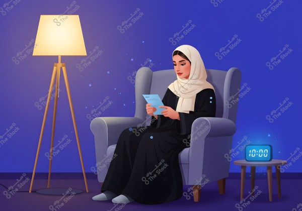 An image of a woman sitting on a blue chair reading a paper. She is wearing a black abaya and a white hijab. There is a soft light coming from a floor lamp beside her, with a digital clock displaying 10:00 placed on a small table.