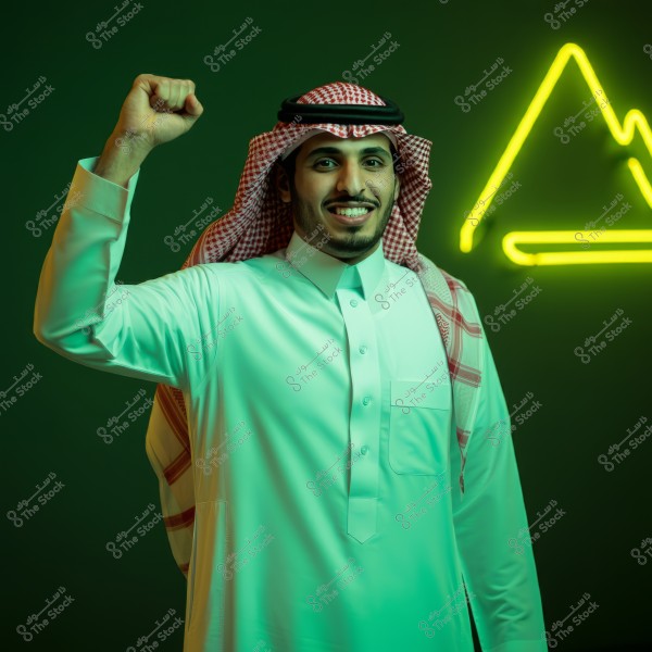 A photo of a man wearing traditional Saudi attire, featuring a white thobe, red and white shemagh, and a black agal. He is smiling and raising his clenched fist in a gesture of joy or success against a dark background with a green neon light shaped like a mountain.