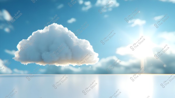 The image shows a large, fluffy white cloud floating in a clear blue sky with bright sunlight shining in the background. Other smaller clouds are scattered across the horizon, creating a serene and luminous scene.