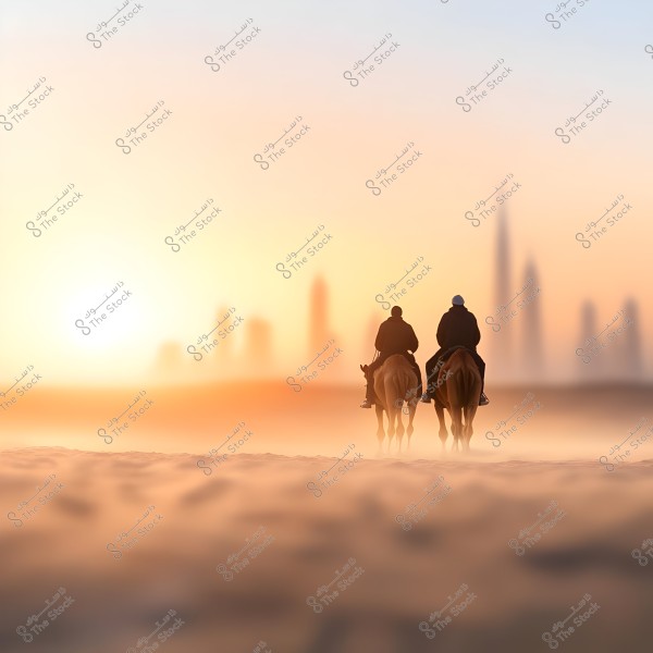 Two individuals riding camels walk through the desert at sunset. In the background, a modern city skyline with prominent skyscrapers is visible, suggesting a contrast between modern and traditional life. The sandy ground fills the foreground while the setting sun casts gentle shadows over the scene.