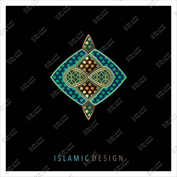 تصميم إسلامي يحتوي على نمط زخرفي معقد بألوان ذهبية وزرقاء وخضراء وسط خلفية سوداء. التصميم متوازن ومتناسق يضم أشكال هندسية متداخلة ونقاط ذهبية, مع عبارة "ISLAMIC DESIGN" مكتوبة بالأسفل.

-