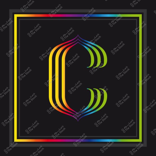 حرف \"C\" ملون بأسلوب فني بألوان قوس قزح على خلفية سوداء.