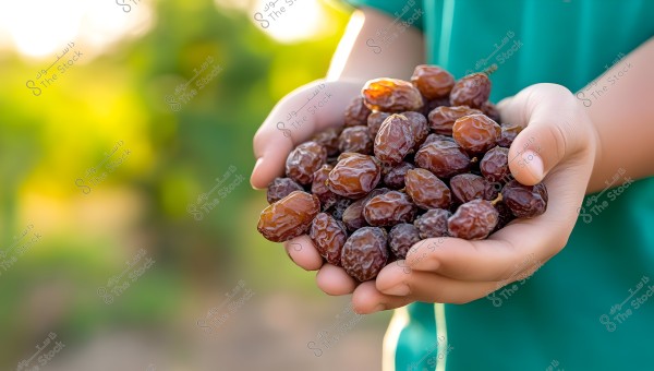 Two small hands holding a pile of ripe brown dates, illuminated by natural light. The background is a blurred natural landscape with green and yellow hues, suggesting a grove or agricultural field.
