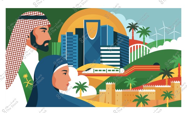 An illustration showing a man in traditional Gulf attire with a keffiyeh and agal and a woman in a hijab. In the background, there are modern city landmarks like towers and skyscrapers, as well as traditional buildings, palm trees, and natural landscapes. The image also features a train, green plains, and wind turbines.