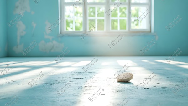 A room illuminated by sunlight with peeling blue walls. A window is visible in the background with trees outside. In the foreground, there is a piece of bread on the floor.