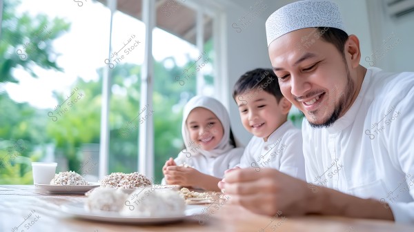 A family sitting around a wooden table illuminated by daylight from a large window. The man is wearing a white robe and a white embroidered cap, while the two children are also dressed in white. The girl is wearing a white hijab. Everyone appears happy as they prepare food together.