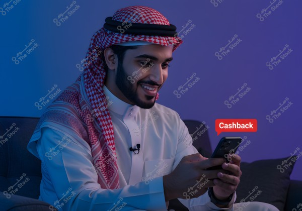 A portrait of a man wearing traditional Saudi attire, including a white thobe and red checkered headscarf, sitting on a couch using a mobile phone. Next to him is the word \"Cashback\". The setting has a calm blue lighting.