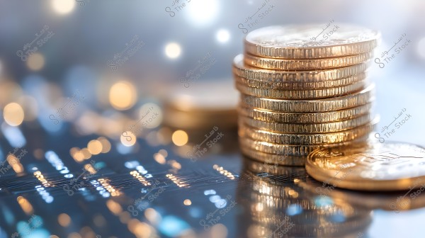 An image showing a stack of golden coins placed on a reflective surface. The background is blurry with lights and bokeh effects, creating a bright and appealing scene.