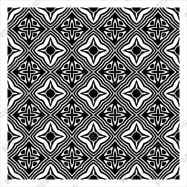 تصميم زخرفي بالأبيض والأسود يحتوي على أشكال متماثلة ومتكررة بنمط هندسي يبرز الفن الإسلامي.